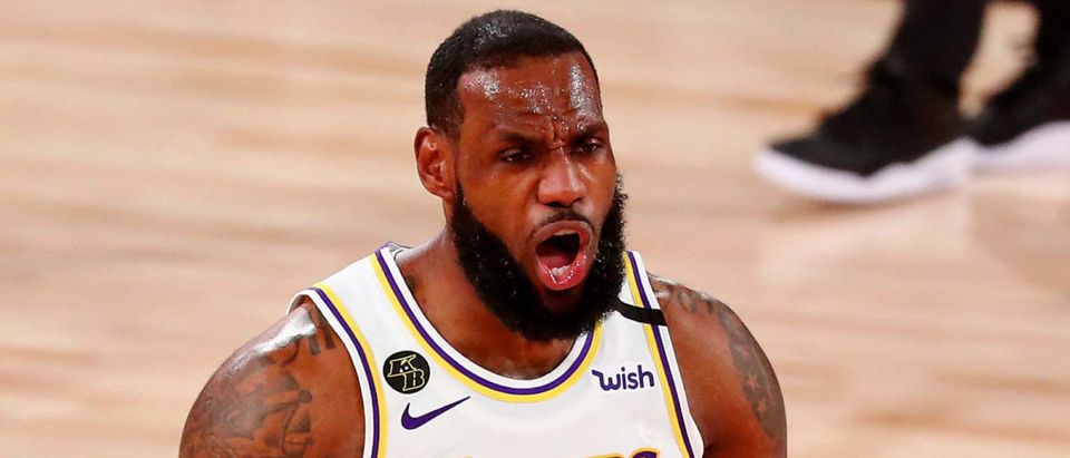 Oct 4, 2020; Orlando, Florida, USA; Los Angeles Lakers forward LeBron James (23) reacts after a call during the fourth quarter of game three of the 2020 NBA Finals against the Miami Heat at AdventHealth Arena. The Miami Heat won 115-104. Mandatory Credit: Kim Klement-USA TODAY Sports via Reuters