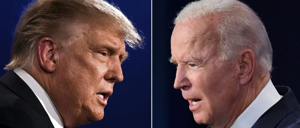 This combination of pictures created on September 29, 2020 shows US President Donald Trump (L) and Democratic Presidential candidate former Vice President Joe Biden squaring off during the first presidential debate at the Case Western Reserve University and Cleveland Clinic in Cleveland, Ohio on September 29, 2020. (Photo by JIM WATSON,SAUL LOEB/AFP via Getty Images)