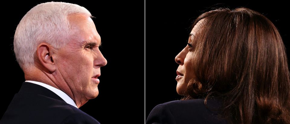 This combination of pictures created on October 07, 2020 shows US Vice President Mike Pence and Democratic vice presidential nominee and Senator from California Kamala Harris during the vice presidential debate in Kingsbury Hall at the University of Utah on October 7, 2020, in Salt Lake City, Utah. (Photo by JUSTIN SULLIVAN/POOL/AFP via Getty Images)