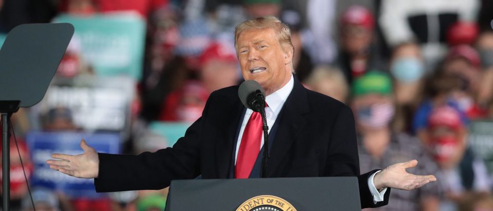 President Donald Trump speaks to supporters during a rally at the Des Moines International Airport on October 14, 2020 in Des Moines, Iowa. (Scott Olson/Getty Images)