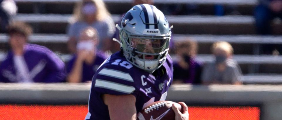 Oct 3, 2020; Manhattan, Kansas, USA; Kansas State Wildcats quarterback Skylar Thompson (10) runs against the Texas Tech Red Raiders at Bill Snyder Family Football Stadium. Thompson would leave the game in the first half due to injury. Mandatory Credit: Scott Sewell-USA TODAY Sports via Reuters