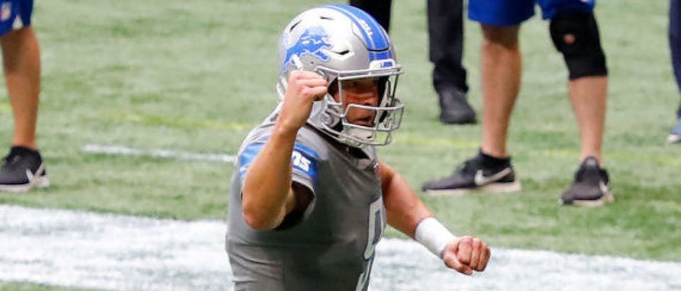 ATLANTA, GEORGIA - OCTOBER 25: Matthew Stafford #9 of the Detroit Lions celebrates after throwing the game tying touchdown as time expires during the fourth quarter against the Atlanta Falcons at Mercedes-Benz Stadium on October 25, 2020 in Atlanta, Georgia. (Photo by Kevin C. Cox/Getty Images)