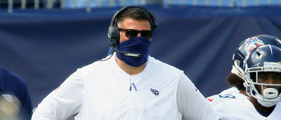 NASHVILLE, TENNESSEE - SEPTEMBER 20: Head coach Mike Vrabel of the Tennessee Titans watches from the sideline during the first half of a game against the Jacksonville Jaguars at Nissan Stadium on September 20, 2020 in Nashville, Tennessee. (Photo by Frederick Breedon/Getty Images)