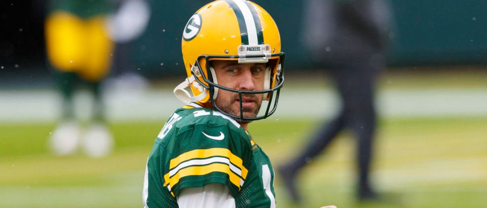 Nov 1, 2020; Green Bay, Wisconsin, USA; Green Bay Packers quarterback Aaron Rodgers (12) looks on during warmups prior to a game against the Minnesota Vikings at Lambeau Field. Mandatory Credit: Jeff Hanisch-USA TODAY Sports via Reuters
