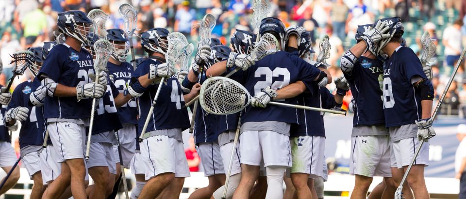 The Yale Bulldogs celebrate after defeating the Penn State Nittany Lions in the 2019 NCAA Division I Men's Lacrosse Championship Semifinals at Lincoln Financial Field on May 25, 2019 in Philadelphia, Pennsylvania. (Mitchell Leff/Getty Images)
