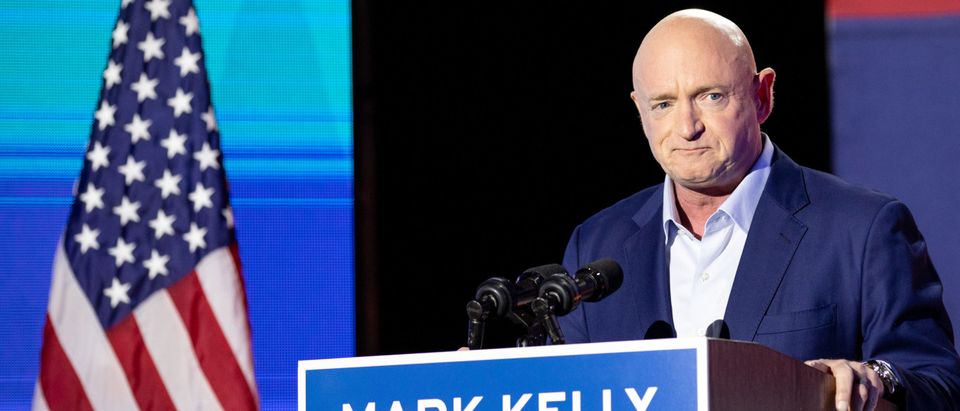 TUCSON, AZ - NOVEMBER 03: Democratic U.S. Senate candidate Mark Kelly speaks to supporters during the Election Night event at Hotel Congress on November 3, 2020 in Tucson, Arizona. Kelly is running against Republican U.S. Senate candidate Sen. Martha McSally (R-AZ) for Arizona's Senate seat and is hoping to join fellow Democrat Sen. Kyrsten Sinema in the historically Republican state. (Courtney Pedroza/Getty Images)