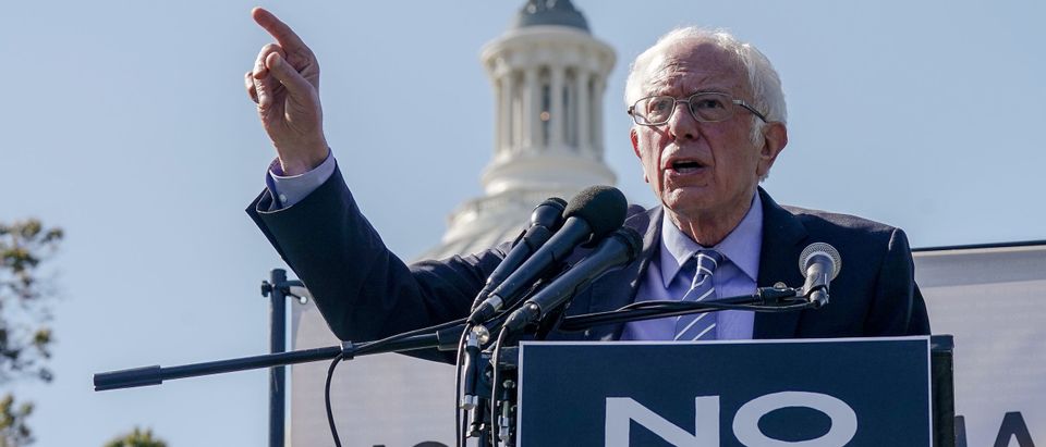WASHINGTON, DC - OCTOBER 22: U.S. Senator Bernie Sanders speaks at a protest calling for the Republican Senate to delay the confirmation of Supreme Court Justice Nominee Amy Coney Barrett at the U.S. Capitol on October 22, 2020 in Washington, DC. (Jemal Countess/Getty Images for Care In Action)