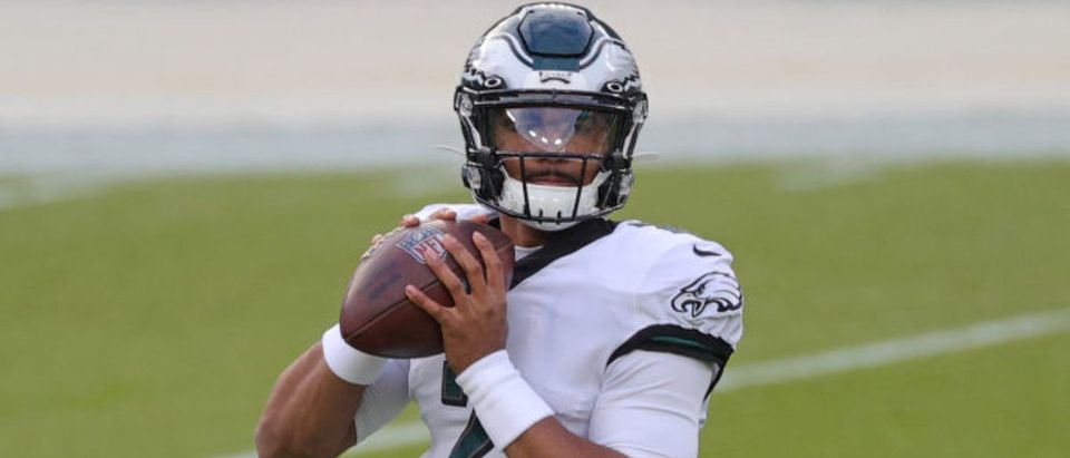 GREEN BAY, WISCONSIN - DECEMBER 06: Jalen Hurts #2 of the Philadelphia Eagles participates in warmups prior to a game against the Green Bay Packers at Lambeau Field on December 06, 2020 in Green Bay, Wisconsin. The Packers defeated the Eagles 30-16. (Photo by Stacy Revere/Getty Images)