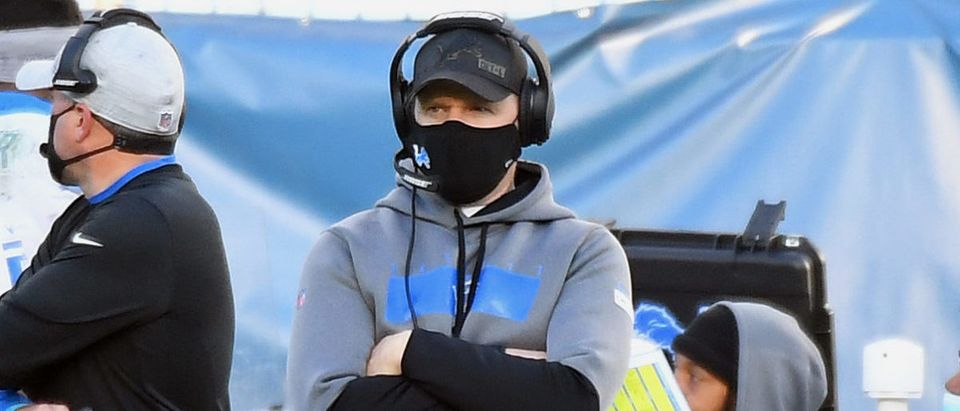 Dec 20, 2020; Nashville, Tennessee, USA; Detroit Lions interim head coach Darrell Bevell looks on from the sidelines during the second half against the Tennessee Titans at Nissan Stadium. Mandatory Credit: Christopher Hanewinckel-USA TODAY Sports via Reuters