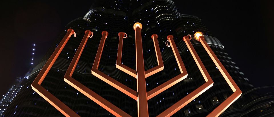 A giant menorah is lit up to celebrate Hanukkah, the Jewish festival of lights, in Dubai