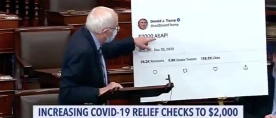 Bernie Sanders addresses the Senate on increasing the amount of stimulus checks. Screenshot/C-Span
