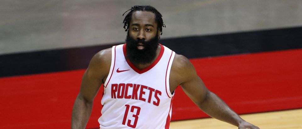 Dec 17, 2020; Houston, TX, USA; James Harden #13 of the Houston Rockets controls the ball during the first half of a game against the San Antonio Spurs at the Toyota Center on December 17, 2020 in Houston, Texas. Mandatory Credit: Carmen Mandato/Pool Photo-USA TODAY Sports via Reuters