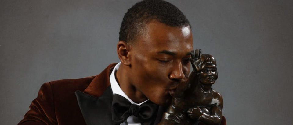Jan 5, 2021; Tuscaloosa, AL, USA; Alabama Crimson Tide wide receiver DeVonta Smith poses for a photo after being announced the winner of the 2020 Heisman Trophy. Mandatory Credit: Kent Gidley/Heisman Trophy Trust via USA TODAY Sports via Reuters