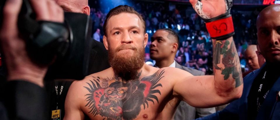 January 18, 2020; Las Vegas, Nevada, USA; Conor McGregor celebrates his first round TKO victory against Donald Cerrone following UFC 246 at T-Mobile Arena. Mandatory Credit: Mark J. Rebilas-USA TODAY Sports via Reuters