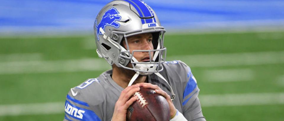 DETROIT, MICHIGAN - DECEMBER 26: Matthew Stafford #9 of the Detroit Lions warms up prior to a game against the Tampa Bay Buccaneers at Ford Field on December 26, 2020 in Detroit, Michigan. (Photo by Nic Antaya/Getty Images)