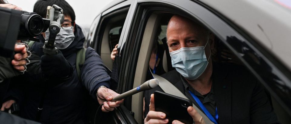 Peter Daszak, a member of the World Health Organization (WHO) team investigating the origins of the COVID-19 coronavirus, speaks to media upon arriving with other WHO members to the Wuhan Institute of Virology in Wuhan in China's central Hubei province on February 3, 2021. (HECTOR RETAMAL/AFP via Getty Images)