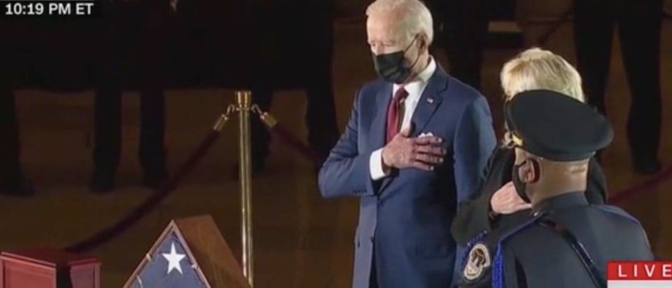 Joe Biden and Jill Biden pay respects to fallen Capitol Police officer Brian Sicknick. Screenshot/CNN