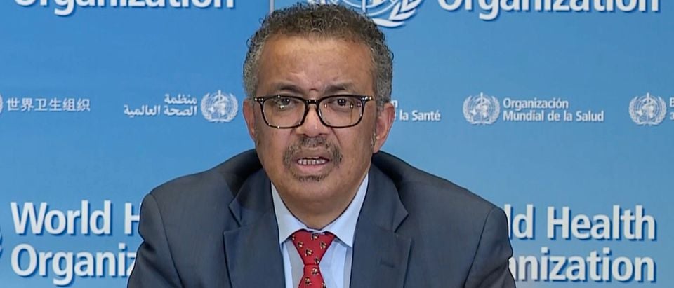 A TV grab taken from a video released by the World Health Organization (WHO) shows WHO Chief Tedros Adhanom Ghebreyesus attending a virtual news briefing on COVID-19 (novel coronavirus) from the WHO headquarters in Geneva on April 6, 2020. - The WHO said on April 6, 2020 that facemasks could be justified in areas where hand-washing and physical distancing were difficult, as it teamed up with Lady Gaga to launch a giant coronavirus awareness concert. (Photo by - / AFP) (Photo by -/AFP via Getty Images)