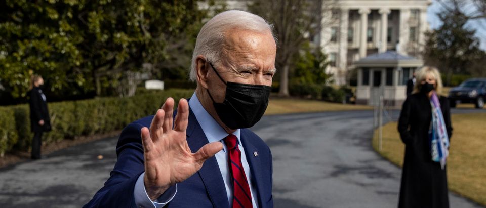 WASHINGTON, DC - FEBRUARY 27: U.S. President Joe Biden speaks to the media at the White House before he walks to Marine on the south lawn on February 27, 2021 in Washington, DC. President Joe Biden and first lady head to Wilmington, Delaware for the weekend. (Photo by Tasos Katopodis/Getty Images)