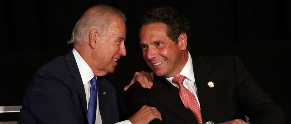Joe Biden (L) appears with Gov. Andrew Cuomo to unveil plans for new area infrastructure projects on July 27, 2015 in New York City. (Spencer Platt/Getty Images)