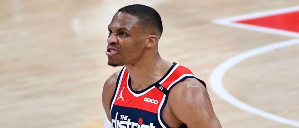 Mar 29, 2021; Washington, District of Columbia, USA; Washington Wizards guard Russell Westbrook (4) reacts after a three point basket against the Indiana Pacers during the fourth quarter at Capital One Arena. Mandatory Credit: Brad Mills-USA TODAY Sports via Reuters