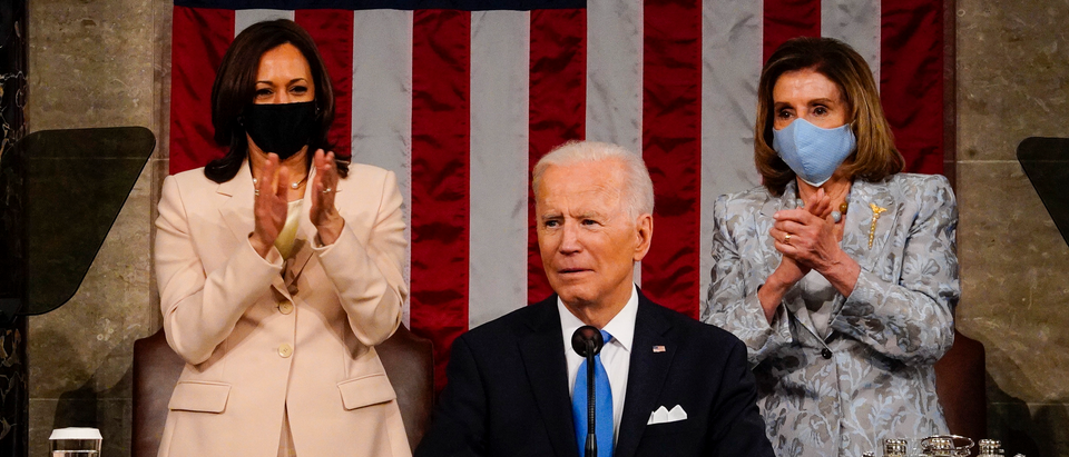 President Joe Biden addresses a joint session of Congress, with Vice President Kamala Harris and House Speaker Nancy Pelosi (D-CA) on the dais behind him on April 28, 2021 in Washington, DC.