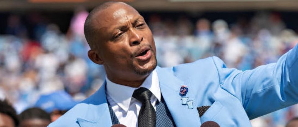 NASHVILLE, TN - SEPTEMBER 15: Eddie George of the Tennessee Titans speaks during the halftime presentation to retire his number during a game against the Indianapolis Colts at Nissan Stadium on September 15, 2019 in Nashville,Tennessee. The Colts defeated the Titans 19-17. (Photo by Wesley Hitt/Getty Images)