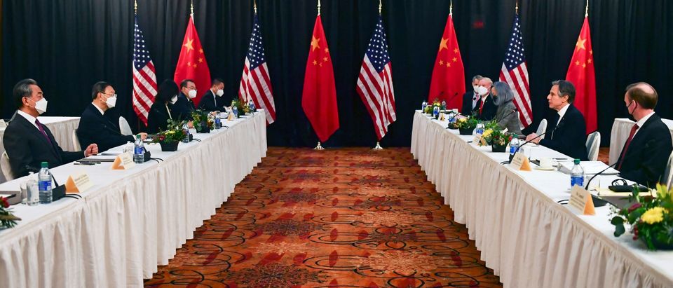 US Secretary of State Antony Blinken (2nd R), joined by National Security Advisor Jake Sullivan (R), speaks while facing Yang Jiechi (2nd L), director of the Central Foreign Affairs Commission Office, and Wang Yi (L), China's Foreign Minister at the opening session of US-China talks at the Captain Cook Hotel in Anchorage, Alaska on March 18, 2021. (Photo by FREDERIC J. BROWN/POOL/AFP via Getty Images)