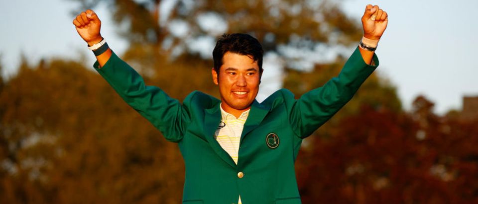 AUGUSTA, GEORGIA - APRIL 11: Hideki Matsuyama of Japan celebrates during the Green Jacket Ceremony after winning the Masters at Augusta National Golf Club on April 11, 2021 in Augusta, Georgia. (Photo by Jared C. Tilton/Getty Images)