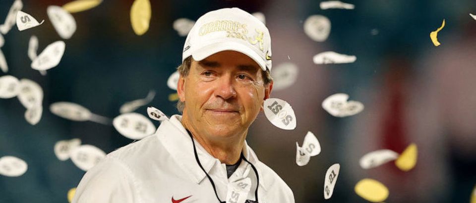MIAMI GARDENS, FLORIDA - JANUARY 11: Head coach Nick Saban of the Alabama Crimson Tide looks on following the College Football Playoff National Championship game win over the Ohio State Buckeyes at Hard Rock Stadium on January 11, 2021 in Miami Gardens, Florida. (Photo by Kevin C. Cox/Getty Images)