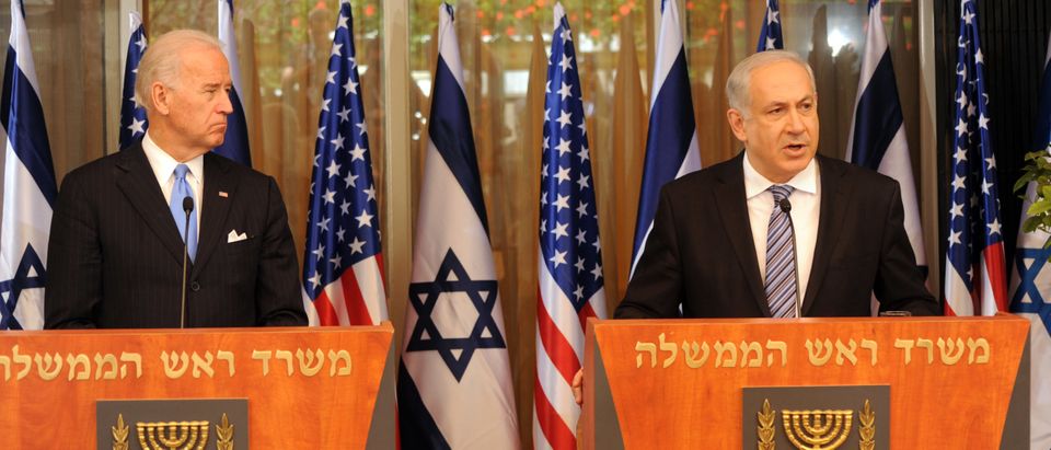 JERUSALEM, ISRAEL - MARCH 09: L - R US Vice President Joe Biden and Israeli Prime Minister Benjamin Netanyahu make statements to the press after meeting at the Prime Minister's residence on March 9, 2010 in Jerusalem, Israel. The American Vice-President is in the Middel East to meet Israeli leaders including Peres and Israeli Prime Minister Benjamin Netanyahu before travelling to Jordan on Thursday. (Photo by Debbi Hill - Pool/ Getty Images)
