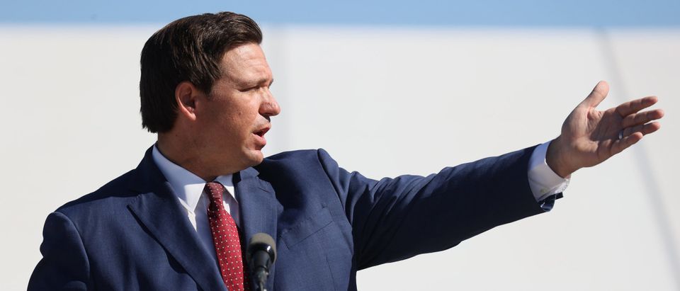 Florida Gov. Ron DeSantis speaks during a press conference about the opening of a Covid-19 vaccination site in Miami Gardens, Florida. Photo by Joe Raedle. Getty.