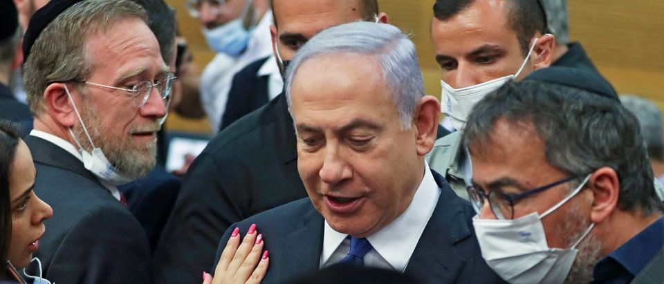 Israeli Prime Minister Benjamin Netanyahu attends a special session of the Knesset, Israel's parliament, in which MPs will elected a new president, in Jerusalem, on June 2, 2021. (RONEN ZVULUN/POOL/AFP via Getty Images)