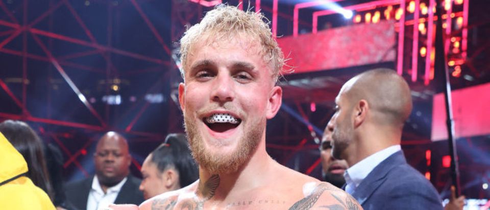 ATLANTA, GEORGIA - APRIL 17: Jake Paul celebrates after defeating Ben Askren in their cruiserweight bout during Triller Fight Club at Mercedes-Benz Stadium on April 17, 2021 in Atlanta, Georgia. (Photo by Al Bello/Getty Images for Triller)