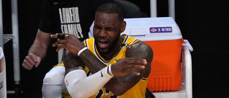 Jun 3, 2021; Los Angeles, California, USA; Los Angeles Lakers forward LeBron James (23) reacts in the second half against the Phoenix Suns during game six in the first round of the 2021 NBA Playoffs at Staples Center. Mandatory Credit: Kirby Lee-USA TODAY Sports via Reuters