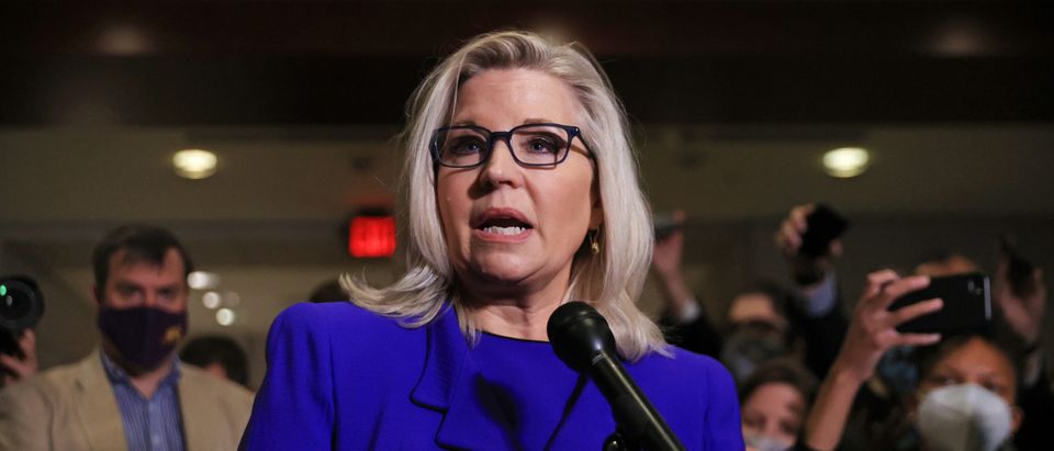 Rep. Liz Cheney (R-WY) talks to reporters after House Republicans voted to remove her as conference chair in the U.S. Capitol Visitors Center on May 12, 2021 in Washington, DC. (Chip Somodevilla/Getty Images)