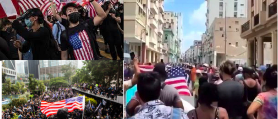 Anti-Communist Protesters Fly American Flag