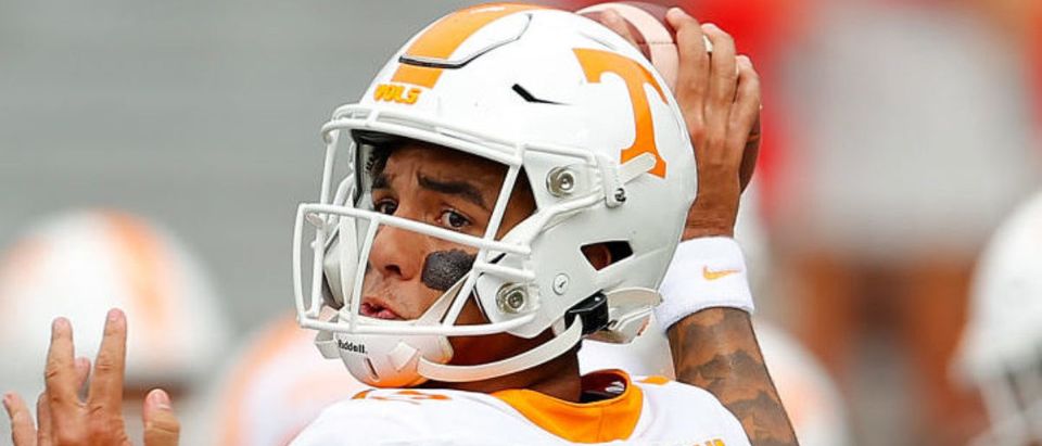 ATHENS, GEORGIA - OCTOBER 10: Jarrett Guarantano #2 of the Tennessee Volunteers warms up prior to facing the Georgia Bulldogs at Sanford Stadium on October 10, 2020 in Athens, Georgia. (Photo by Kevin C. Cox/Getty Images)