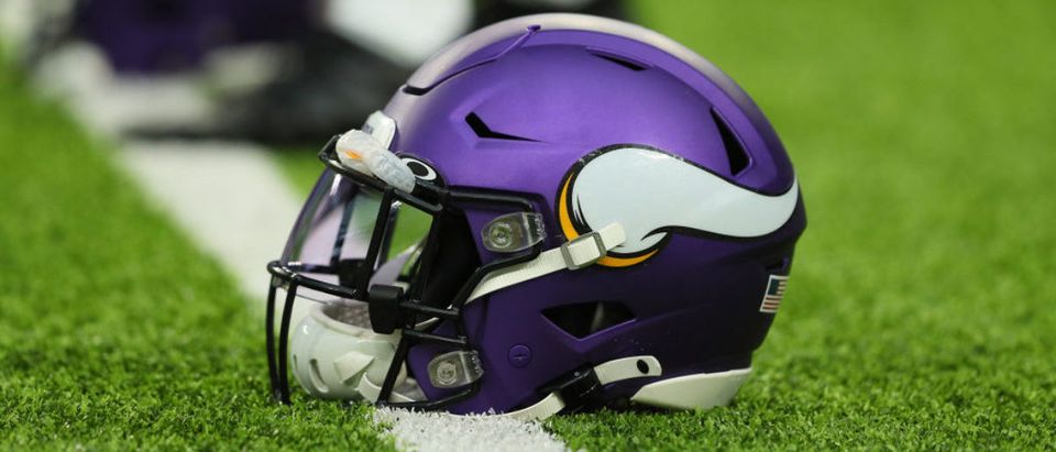 MINNEAPOLIS, MN - SEPTEMBER 22: A Minnesota Vikings helmet sits on the field during the pregame warm up against the Oakland Raiders at U.S. Bank Stadium on September 22, 2019 in Minneapolis, Minnesota. The Minnesota Vikings defeated the Oakland Raiders 34-14.(Photo by Adam Bettcher/Getty Images)