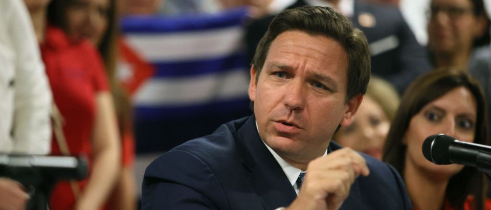 Florida Gov. Ron DeSantis takes part in a roundtable discussion about the uprising in Cuba at the American Museum of the Cuba Diaspora on July 13, 2021 in Miami, Florida. (Photo by Joe Raedle/Getty Images)