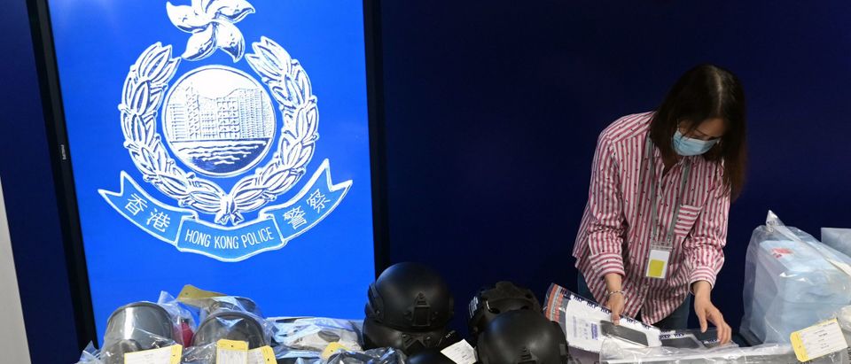 Seized items are seen on display at the Hong Kong police headquarters on July 6, 2021, after nine Hong Kongers were arrested on terror charges. (Photo by PETER PARKS/AFP via Getty Images)