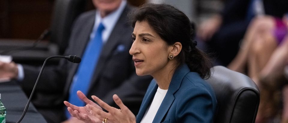 FTC Commissioner nominee Lina M. Khan testifies during a Senate Commerce, Science, and Transportation Committee nomination hearing on April 21, 2021 in Washington, DC. (Photo by Graeme Jennings-Pool/Getty Images)