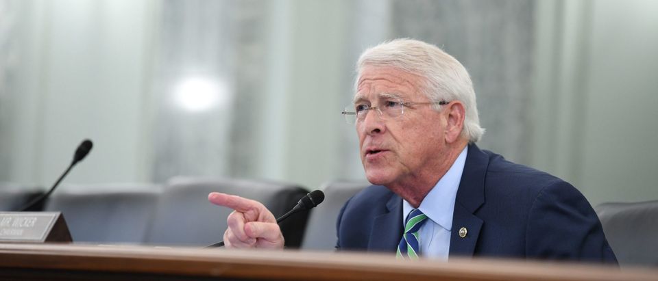 Senator Roger Wicker asks a question during an oversight hearing to examine the Federal Communications Commission. (Photo by JONATHAN NEWTON/POOL/AFP via Getty Images)