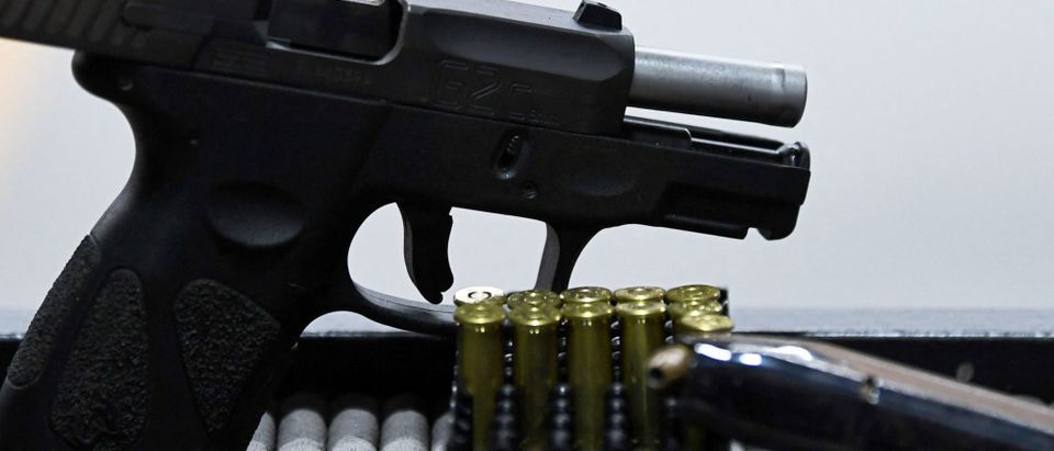 A pistol is displayed at a shooting club in Brasilia, on April 13, 2021. - A judge of the Supreme Federal Court (STF) of Brazil suspended on late April 12, 2021 several fragments of four decrees of far-right president Jair Bolsonaro which were due to take effect on April 13 that would have made even more flexible the access of Brazilians to weapons. (Photo by EVARISTO SA / AFP) (Photo by EVARISTO SA/AFP via Getty Images)