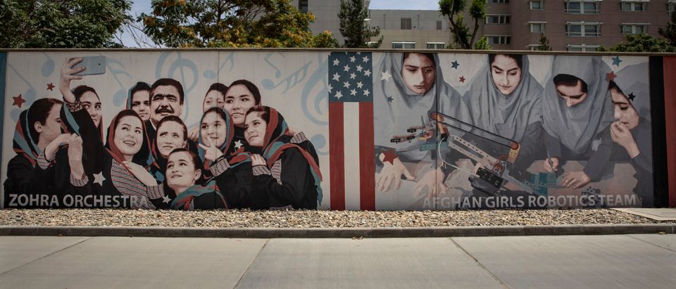 KABUL, AFG- JULY 30: Murals are seen along the walls at a quiet US embassy on July 30, 2021 in Kabul, Afghanistan. More than 200 Afghan nationals who assisted American troops were evacuated on the first of many flights headed to Fort Lee military base in Virginia. About 20,000 Afghan nationals have applied to move to the U.S,. On July 14,2021 the White House announced Operation Allies Refuge to support relocation flights for Afghan nationals and their families who are already in the final stages of the Special Immigrant Visa process. (Photo by Paula Bronstein /Getty Images)