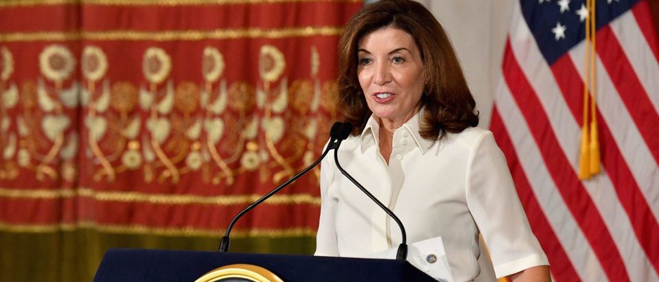 New York Governor Kathy Hochul speaks to the media during her swearing in ceremony at the New York State Capitol in Albany, New York on August 24, 2021. - New York Governor Andrew Cuomo handed over the reins of the nation's fourth most populous state to Lieutenant Governor Kathy Hochul, a fellow Democrat who will become New York's first ever female governor. (Photo by Angela Weiss / AFP) (Photo by ANGELA WEISS/AFP via Getty Images)