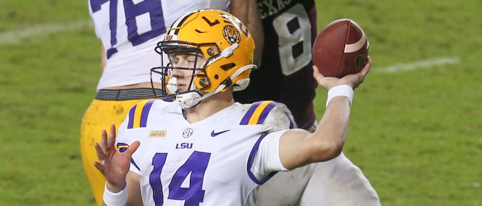 Nov 28, 2020; College Station, Texas, USA; LSU Tigers quarterback Max Johnson (14) passes against the Texas A&amp;M Aggies in the second half at Kyle Field. Mandatory Credit: Thomas Shea-USA TODAY Sports via Reuters