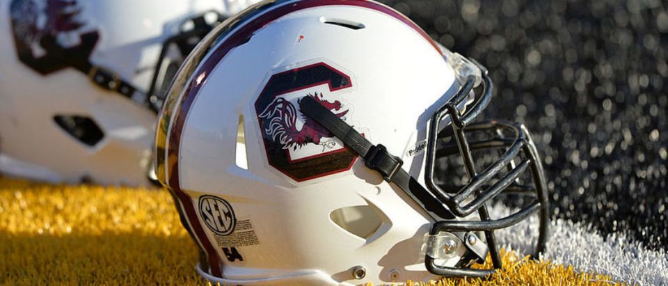 COLUMBIA, MO - OCTOBER 26: South Carolina Gamecocks helmets on the field before a game against the Missouri Tigers on October 26, 2013 at Faurot Field/Memorial Stadium in Columbia, Missouri. (Photo by Peter Aiken/Getty Images)