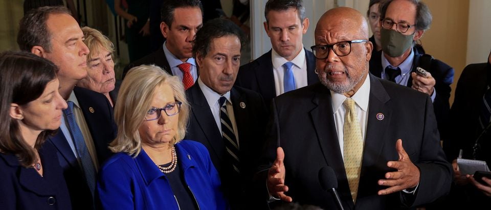 Chairman Rep. Bennie Thompson and Rep. Liz Cheney joined by fellow committee members, speak to the media following a hearing of the House Select Committee investigating the January 6 attack on the U.S. Capitol. (Photo by Chip Somodevilla/Getty Images)