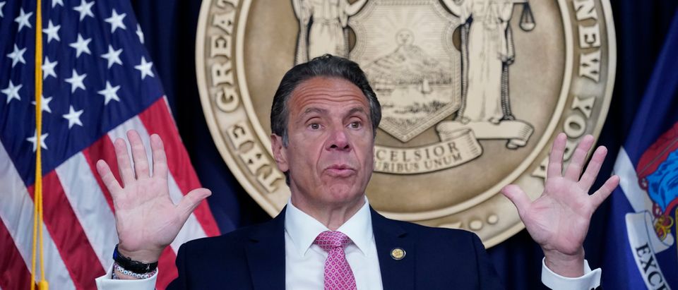 NEW YORK, NEW YORK - MAY 10: New York Gov. Andrew Cuomo speaks during a news conference on May 10, 2021 in New York City. It was announced that both SUNY and CUNY will require students to get COVID-19 vaccines before the next academic year. (Photo by Mary Altaffer-Pool/Getty Images)